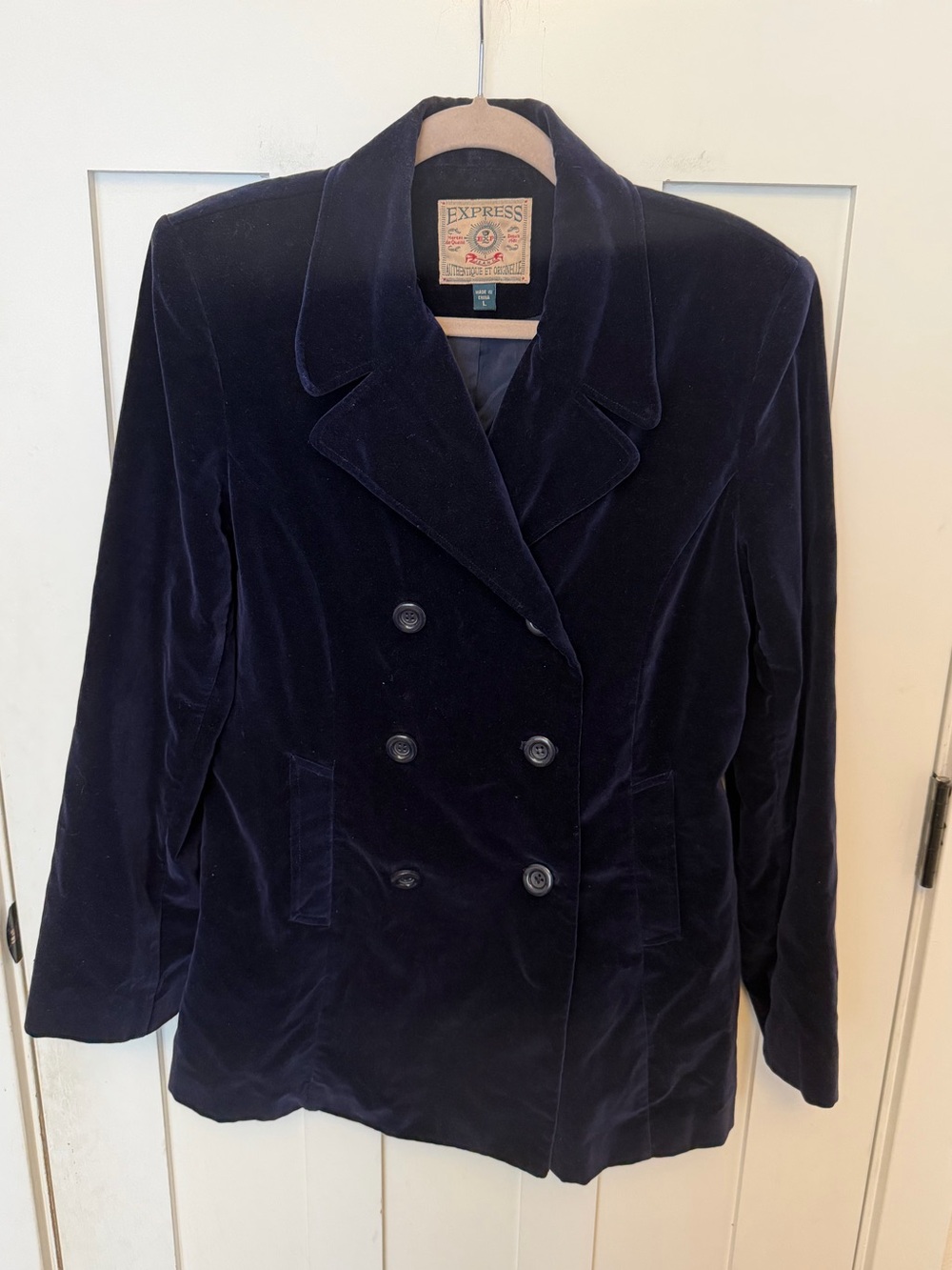 vintage Express navy blue velvet blazer double-breasted size large 6 buttons